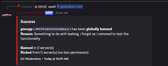 /globalban add command success response