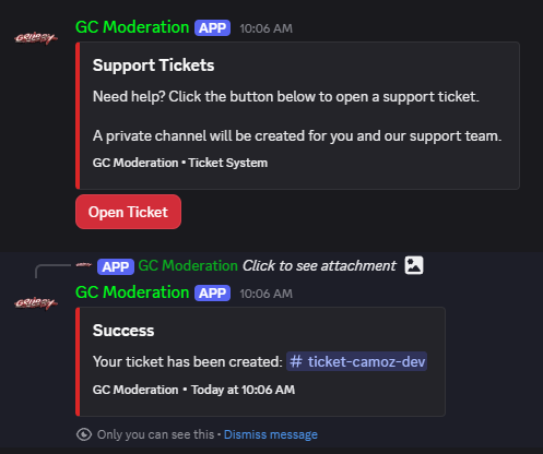 GC Moderation ticket panel with Open Ticket button